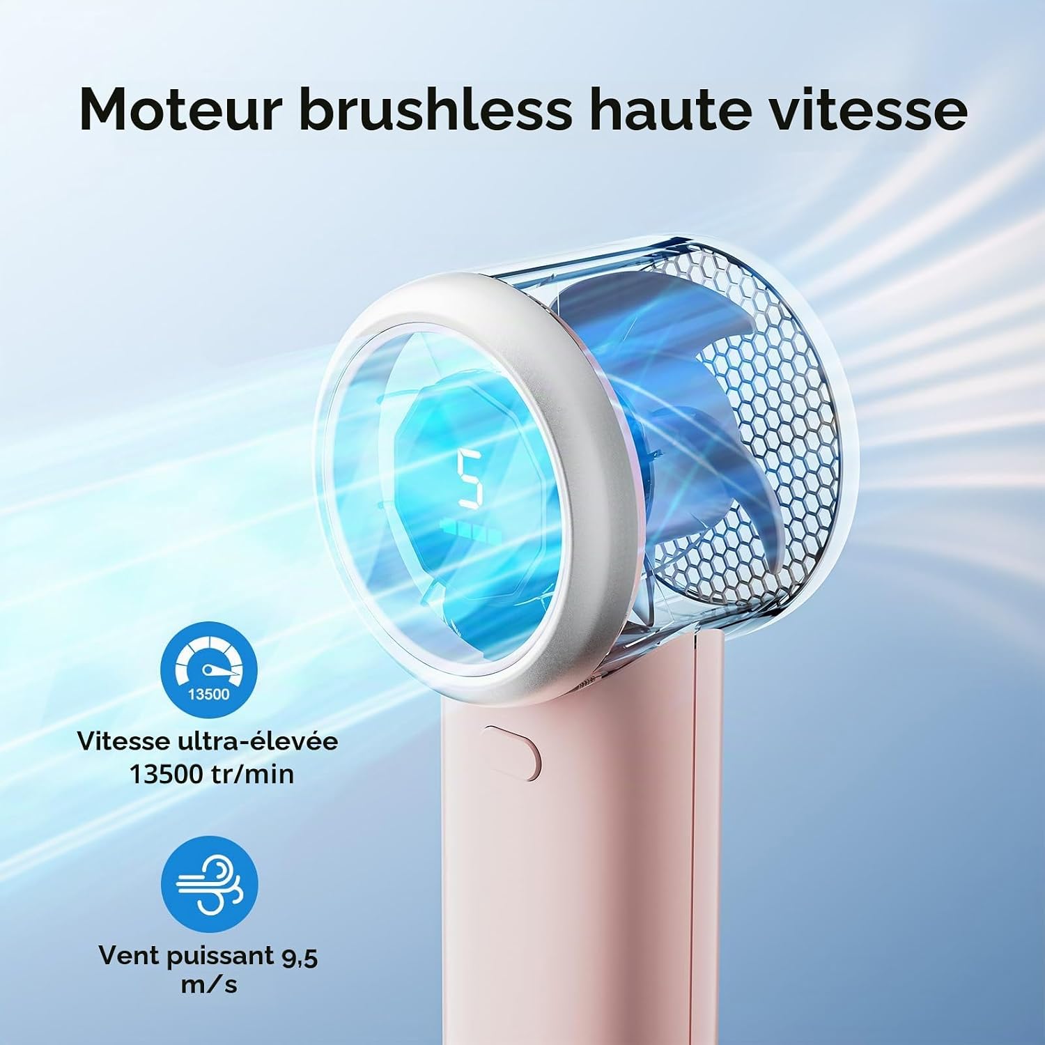 Detalle de WHATOOK N603 handventilator met 5 snelheden, USB-C en display, roze