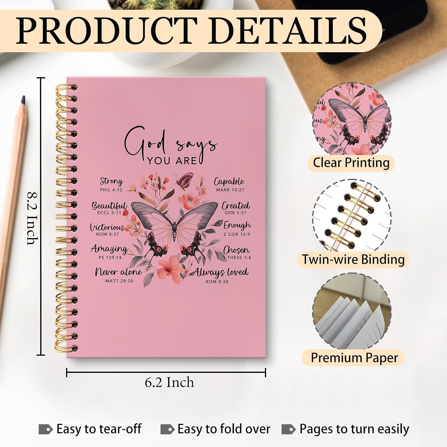 Thumbnail 6 de huester Inspirational Christian Butterfly Spiral Notebook, Pink Hardcover, 5.5 x 8.3 in