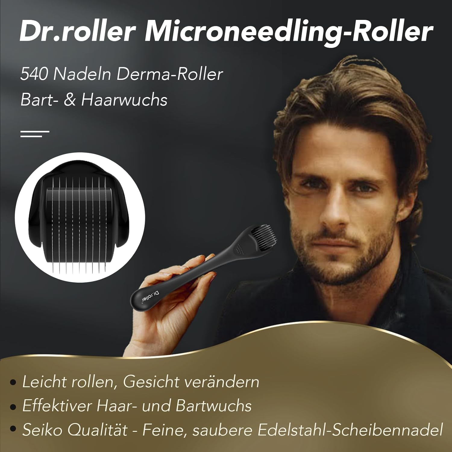 Detalle de Dr.roller Derma Roller 1mm – 540 Titan-Nadeln für Bart, Kopfhaut und Gesicht