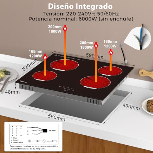 Detalle de TOPWISH placa vitrocerámica 4 fuegos de 60 cm: análisis práctico para decidir