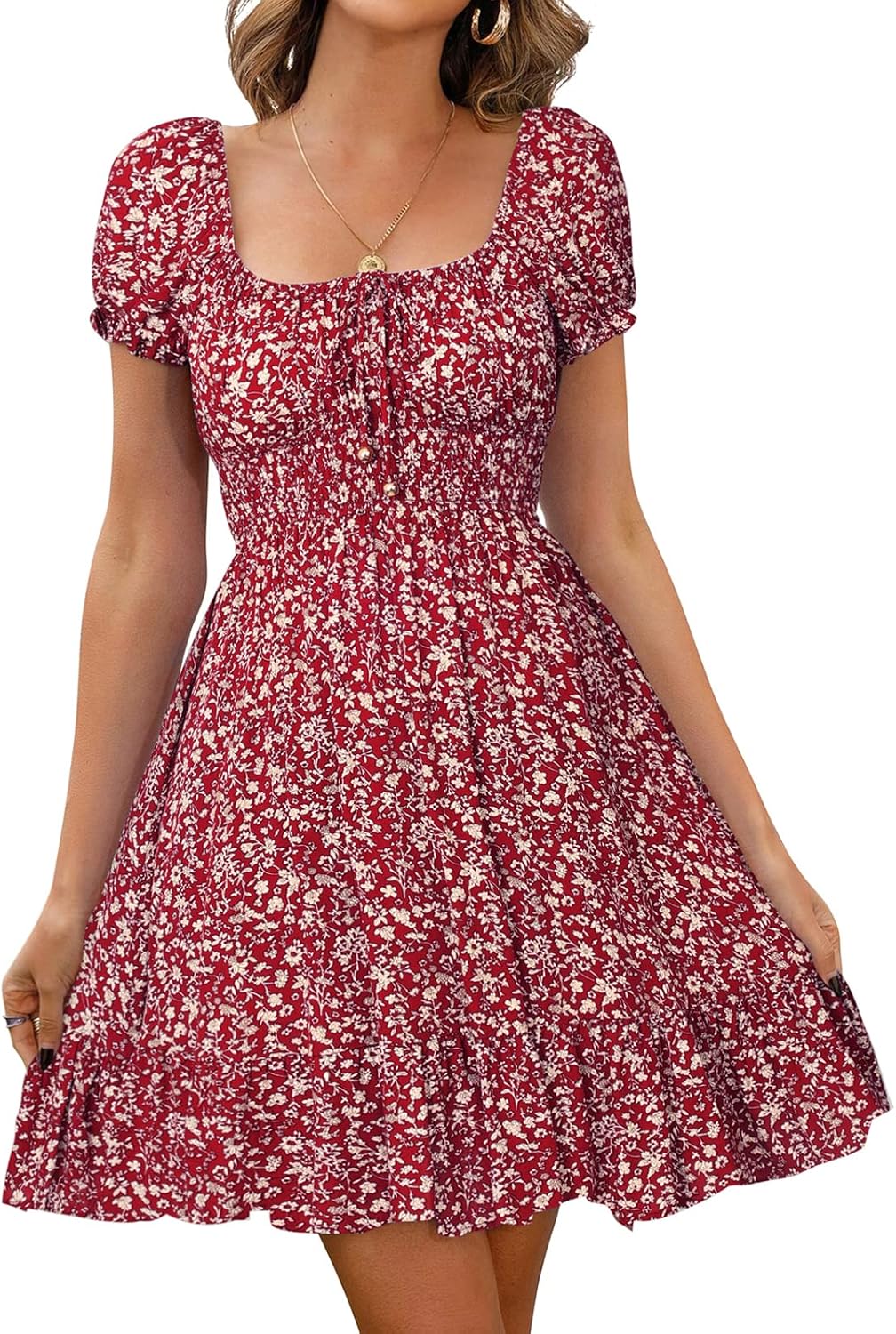 Detalle de Livonmone Damen Kleid – Blumendruck Sommerkleid mit hoher Taille, V-Ausschnitt und verstellbaren Trägern