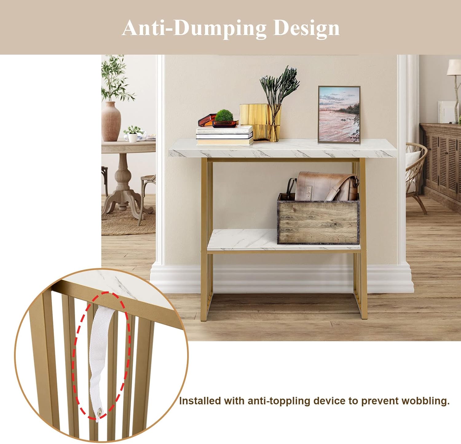 Thumbnail 4 de LIFEZEAL Table Console à 2 Niveaux – Plateau faux marbre blanc et cadre doré, 120 x 30 x 93 cm