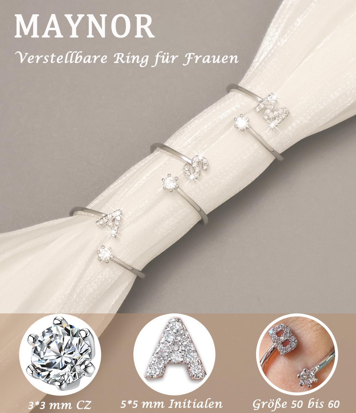 Detalle de Maynor A-Z Buchstaben Ring Silber 925 – Initialien mit Zirkonia, verstellbar von Größe 50 bis 60