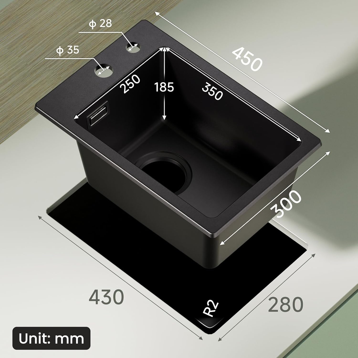 Thumbnail 1 de CECIPA Lavello in granito nero 30x45 cm rettangolare con set di scarico