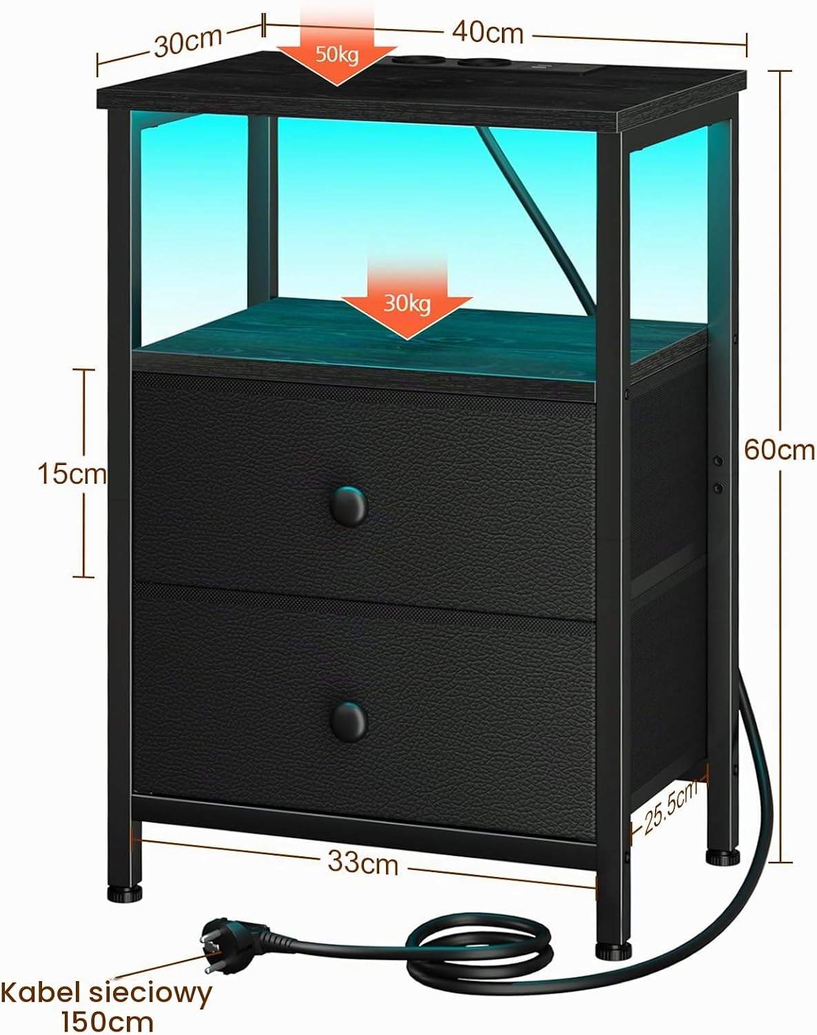 Detalle de AMHANCIBLE EHETS02BK-1 – czarny stolik nocny z LED, gniazdami i 2 szufladami