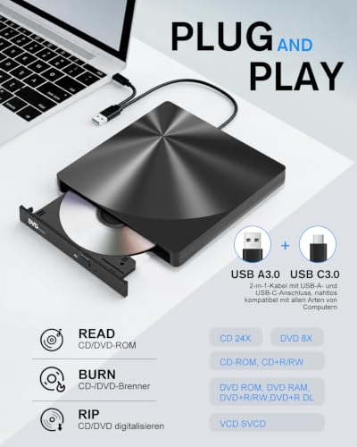 Thumbnail 2 de varkda Externes CD/DVD Laufwerk USB 3.0 & USB-C Brenner – kompakter Allrounder für Laptop, PC & Mac