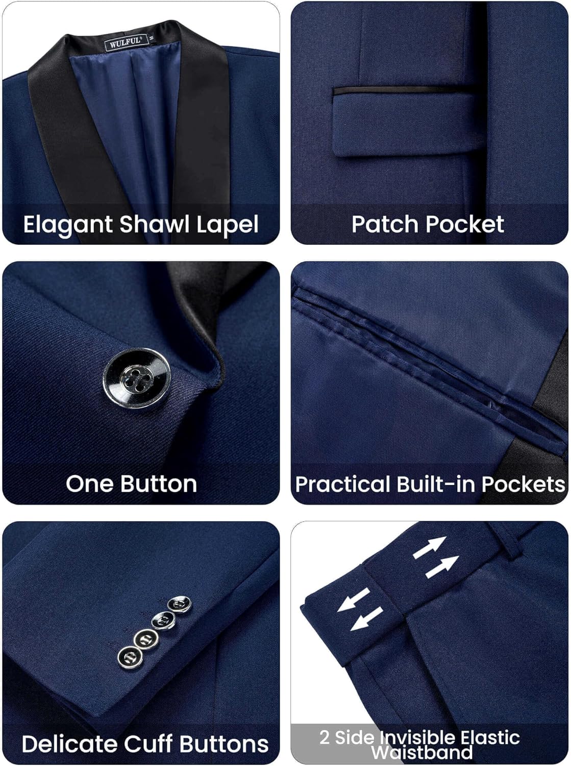 Detalle de WULFUL Men's 3-Piece Slim Fit Tuxedo Set with Shawl Lapel