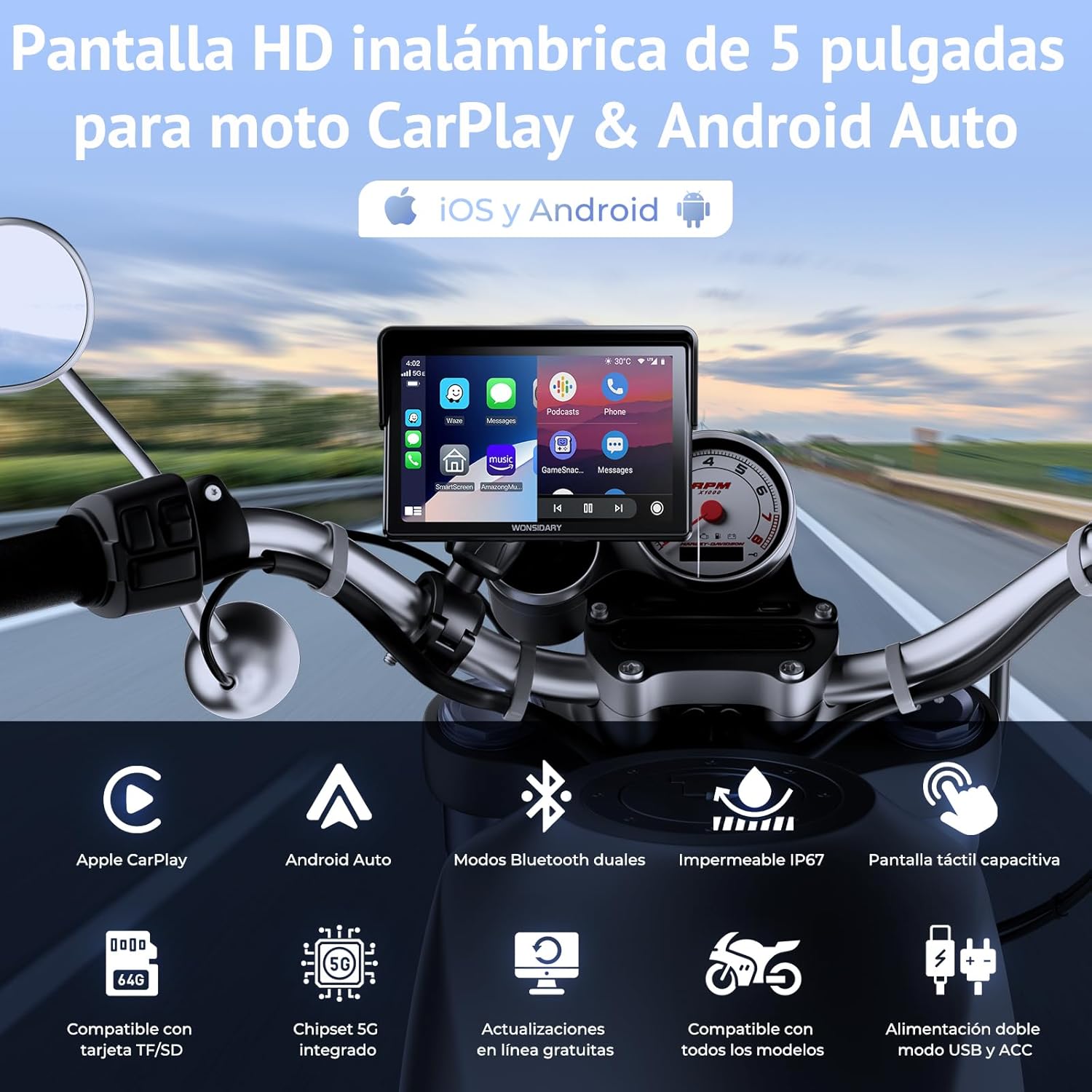 Thumbnail 1 de Wonsidary W522 Pantalla CarPlay 5" para moto