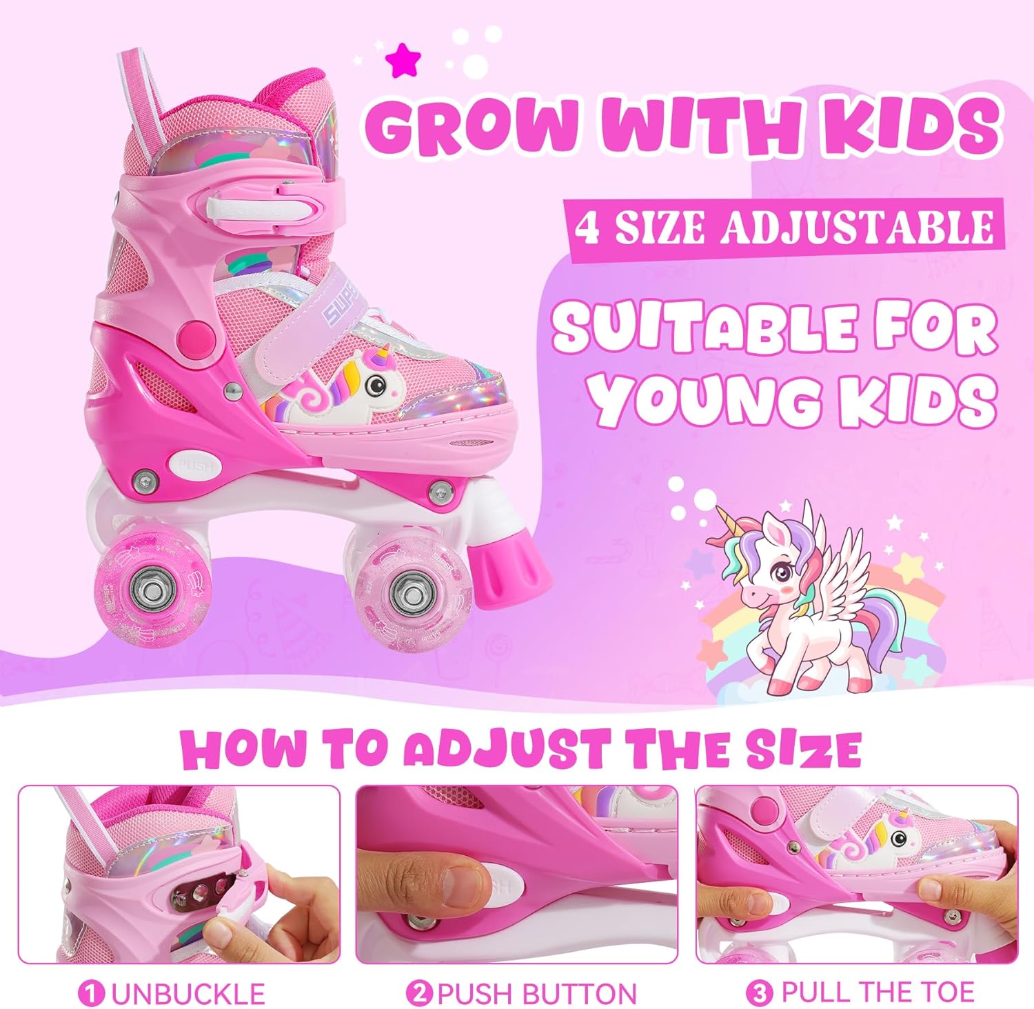 Thumbnail 2 de SUPER YOUNGSTER Adjustable Light-Up Kids Unicorn Roller Skates (Ages 4–12)