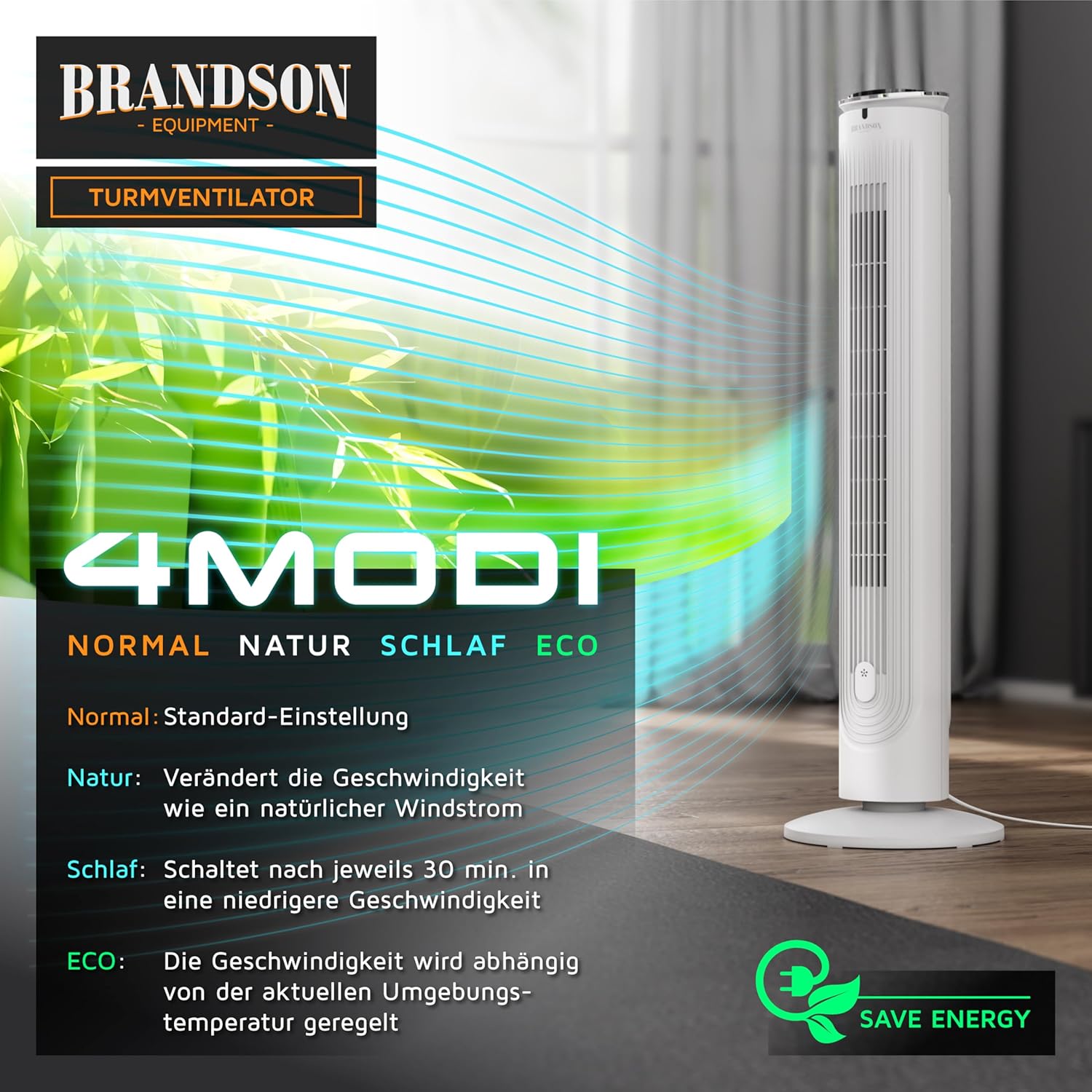 Detalle 2 de Brandson Turmventilator mit Aromafach und Fernbedienung – leisestarke Kühlung mit 5 Stufen, 4 Modi und Timer