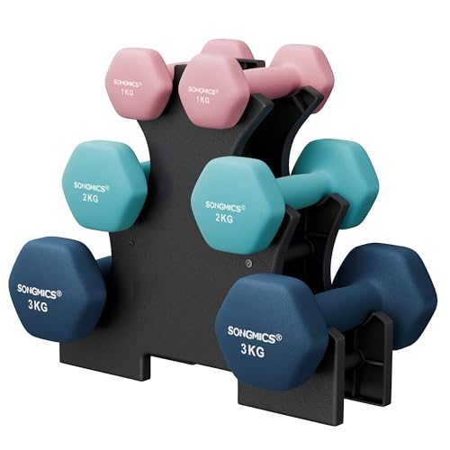Detalle de SONGMICS Hex Dumbbells Set with Stand – 1 kg, 2 kg and 3 kg (12 kg total) with Stand