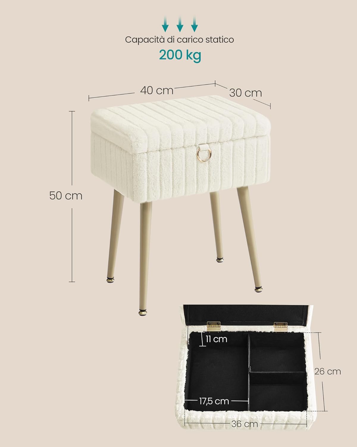 Detalle de SONGMICS Sgabello da Trucco LOM505WZ02 – Pouf contenitore bianco crema, robusto e versatile 30x40x50 cm