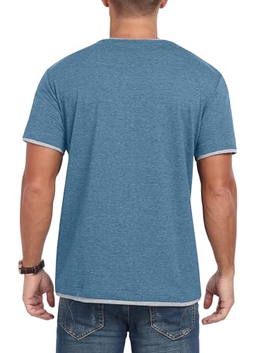 Detalle 2 de Hisir Camiseta de Verano para Hombre - Manga corta, cuello redondo, color blocks Azul Gris (S)
