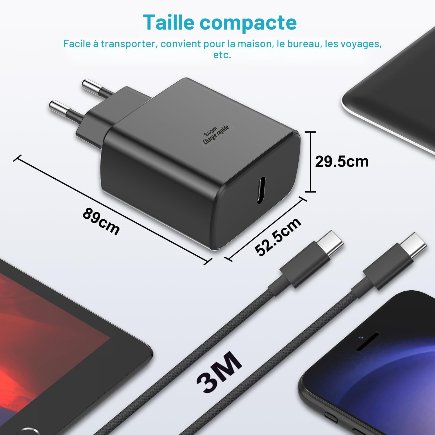 Detalle de Chargeur USB C 45W rapide pour Samsung Galaxy et câble tressé 3 m – sécurité et performance