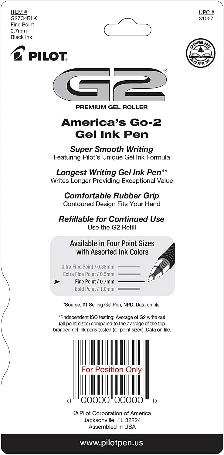 Detalle de Pilot G2 Premium Rolling Ball Gel Pens, Black Ink (4-Pack)