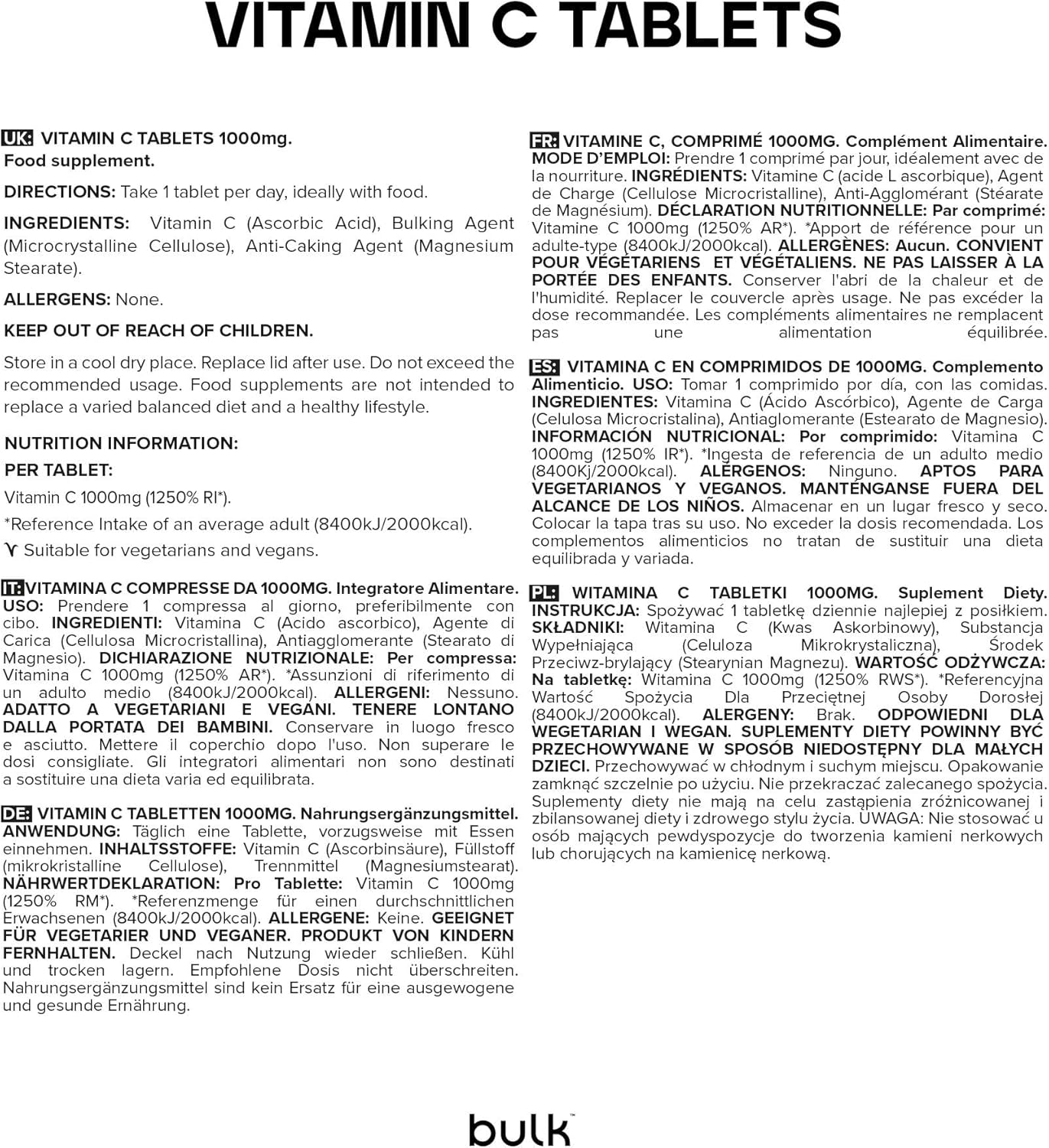 Detalle 2 de Bulk Comprimés de vitamine C 1000 mg, paquet de 90 – qualité et simplicité d’emploi