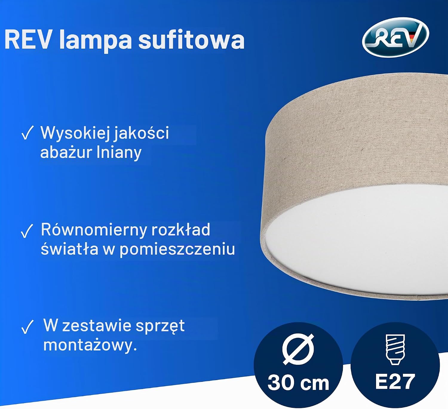 Detalle de REV okrągła lampa sufitowa LED 30 cm, taupe, lniany abażur, 2 × E27