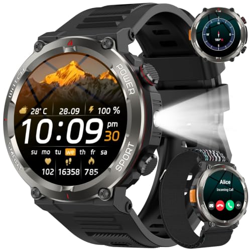 Detalle de Baolubao Reloj Inteligente Hombre con Linterna, Brújula y 2 Correas: resistencia militar y baterías de larga duración