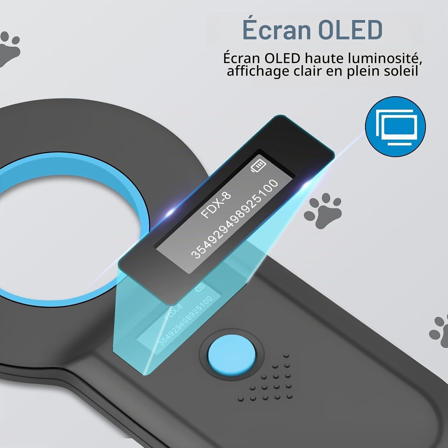 Detalle de Suoxiom RFID-microchiplezer voor huisdieren met OLED-scherm en USB-opladen