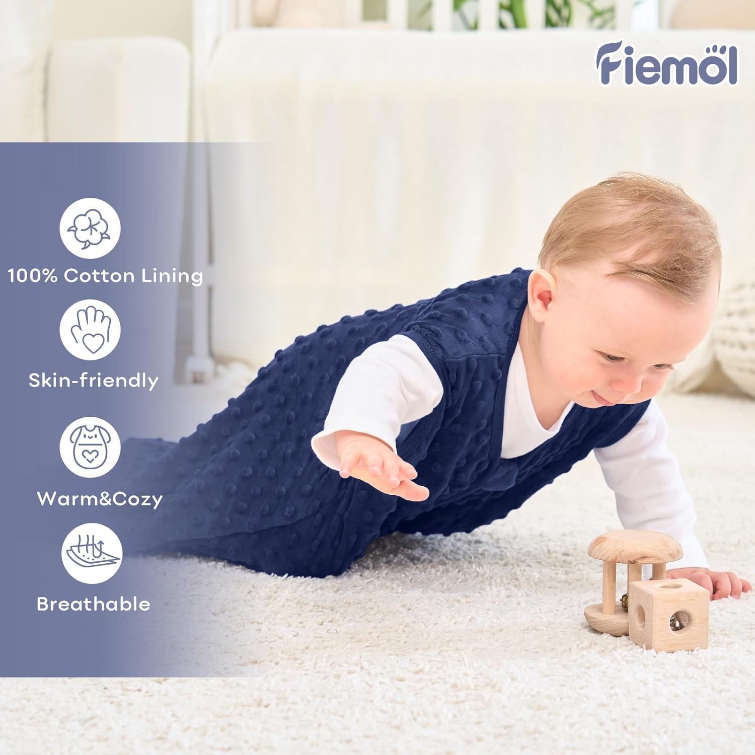 Detalle 2 de FIEMOL Schlafsack Baby 0–6 Monate 1,5 Tog mit Plüschpunkten (2er Pack, Blau & Grau, ärmellos)