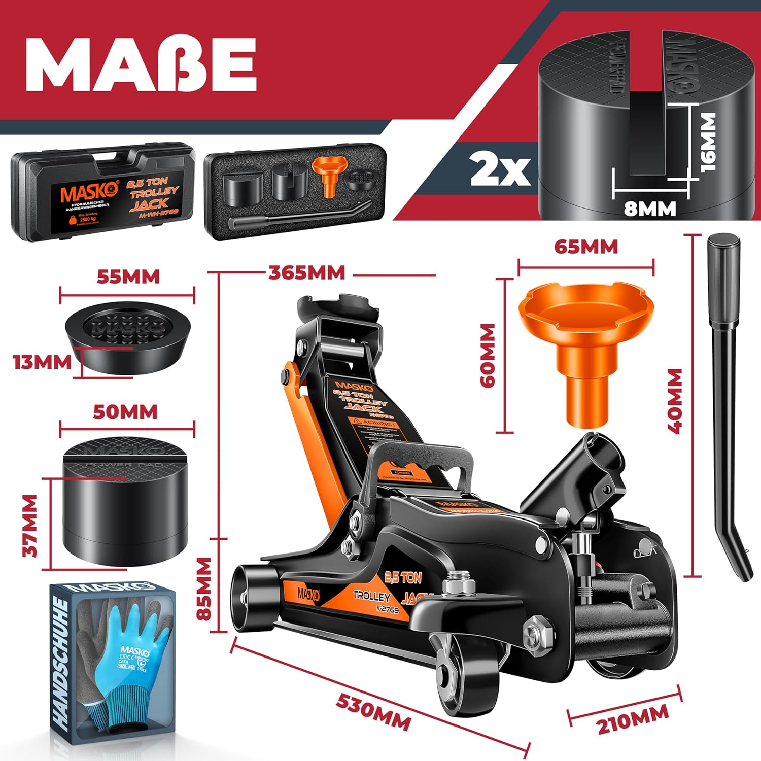 Thumbnail 6 de MASKO® hydraulischer Wagenheber 2,5 t, flach (85–365 mm) inkl. Koffer & Handschuhe – für PKW/SUV
