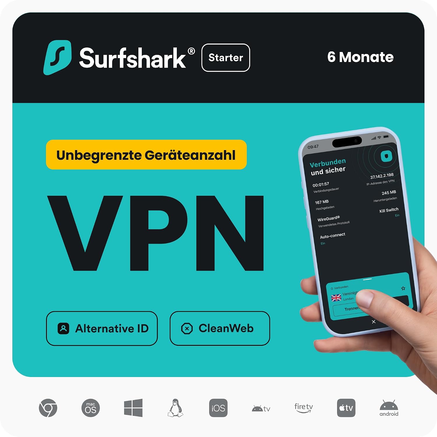 Detalle de Surfshark Starter VPN – Unbegrenzte Geräte, Adblocker und 6 Monate Digitaler Code