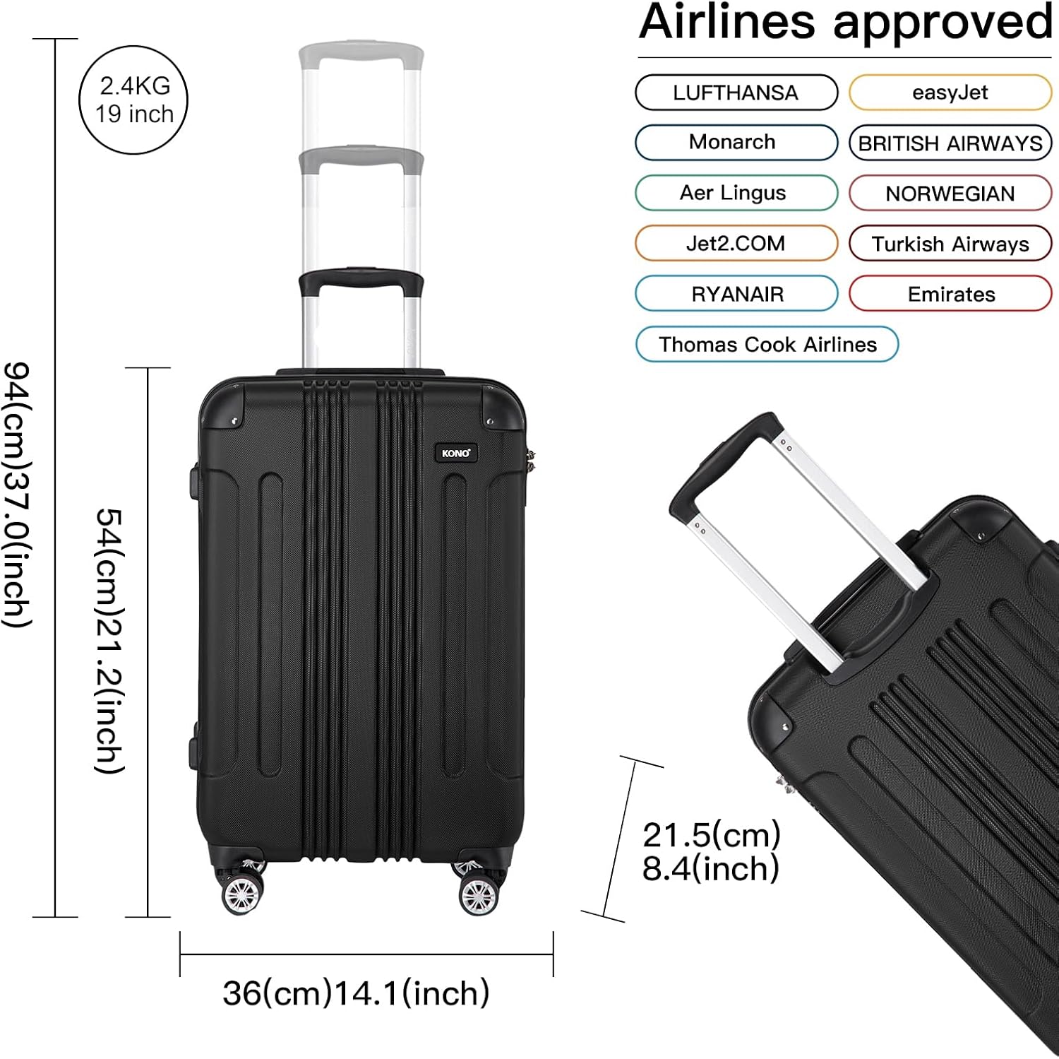 Thumbnail 1 de Kono Cabin Suitcase ABS Lightweight Hard Shell (55x35x20cm, 39L) with 4 Spinner Wheels
