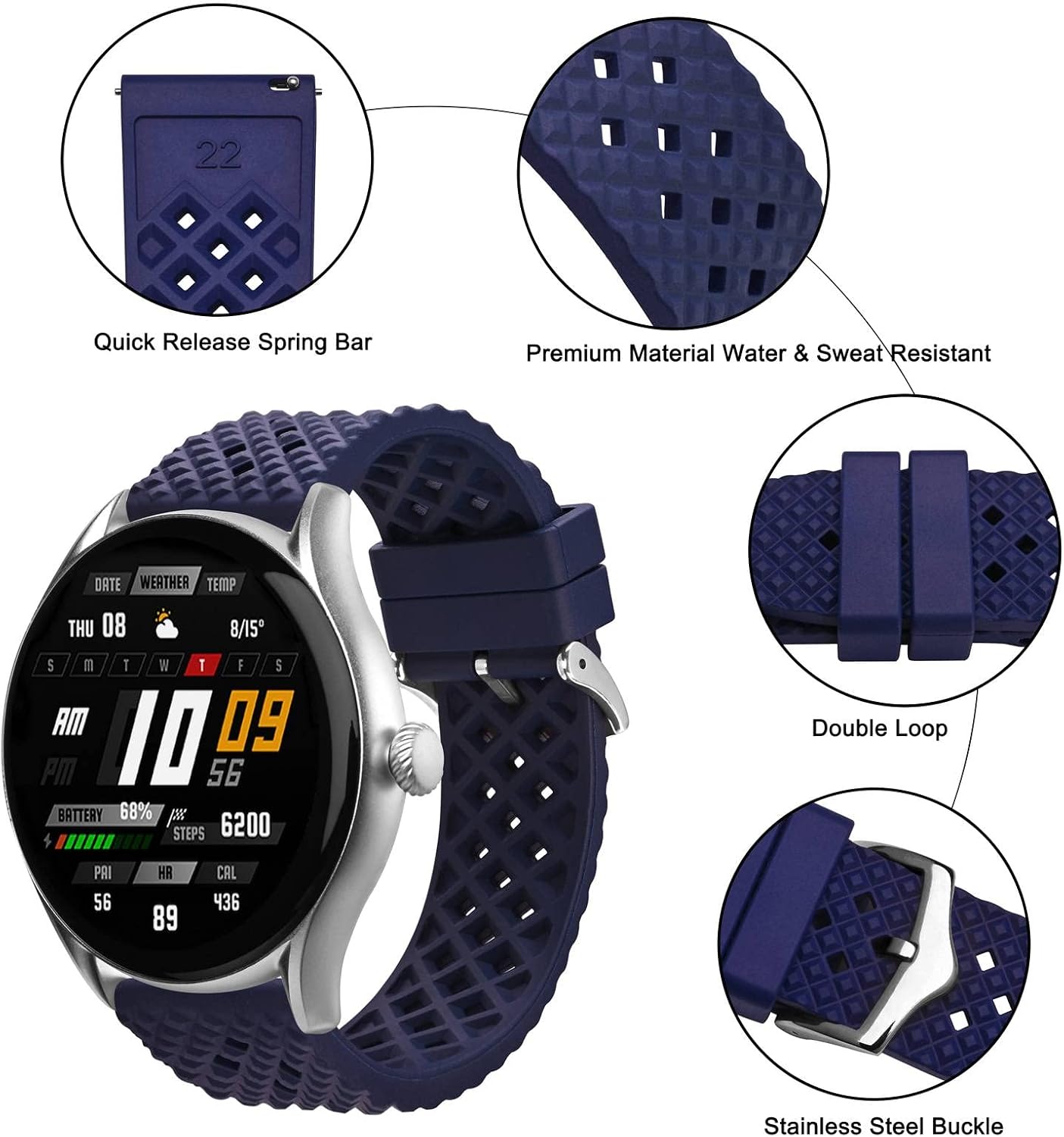 Thumbnail 2 de Anbeer Silikon-Uhrenarmbänder aus Fluorkautschuk mit Schnellverschluss (18/20/22 mm) – Ersatzband für Herren