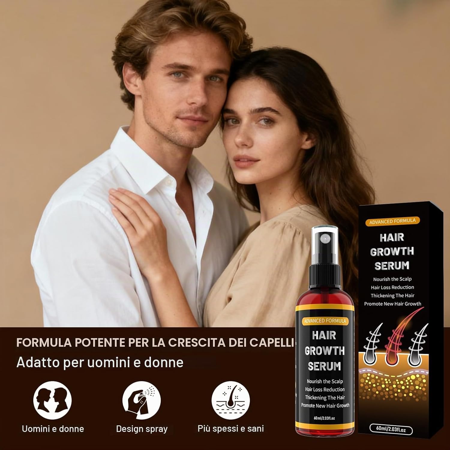 Detalle de Spray Siero per la Crescita dei Capelli 60 ml con Olio di Rosmarino, Olio di Ricino e Biotina