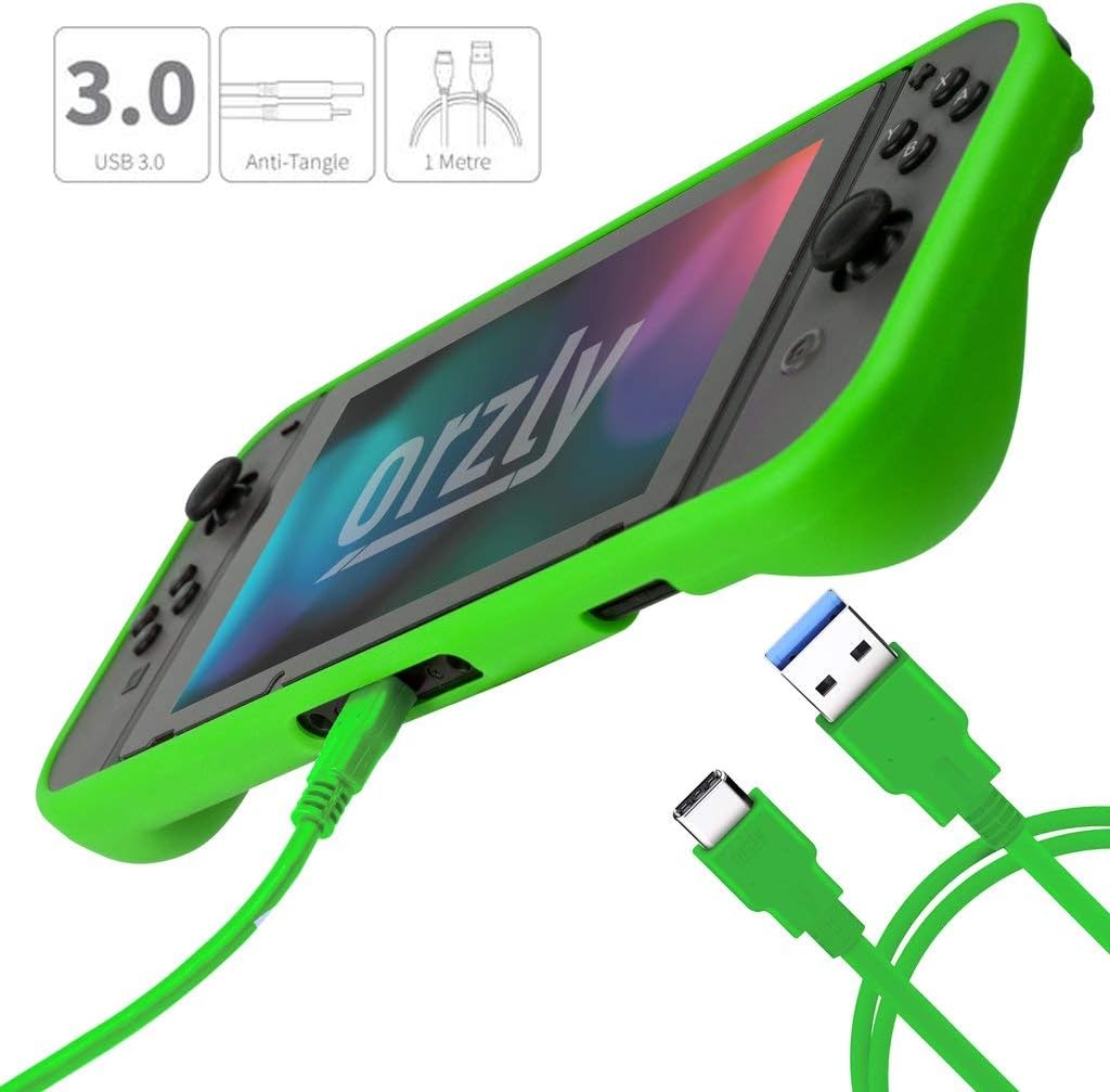 Detalle de Orzly Switch Accessories Bundle: Case, Screen Protectors, Cable, Headphones & More for Nintendo Switch (Green)