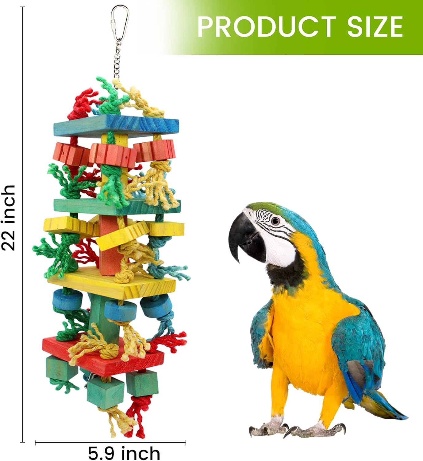 Thumbnail 6 de MQUPIN Chewing Large Parrot Toys: Multicoloured Wooden Block Toy for Cockatoos, African Grey, Macaws & Amazons (21.3" x 5.1")