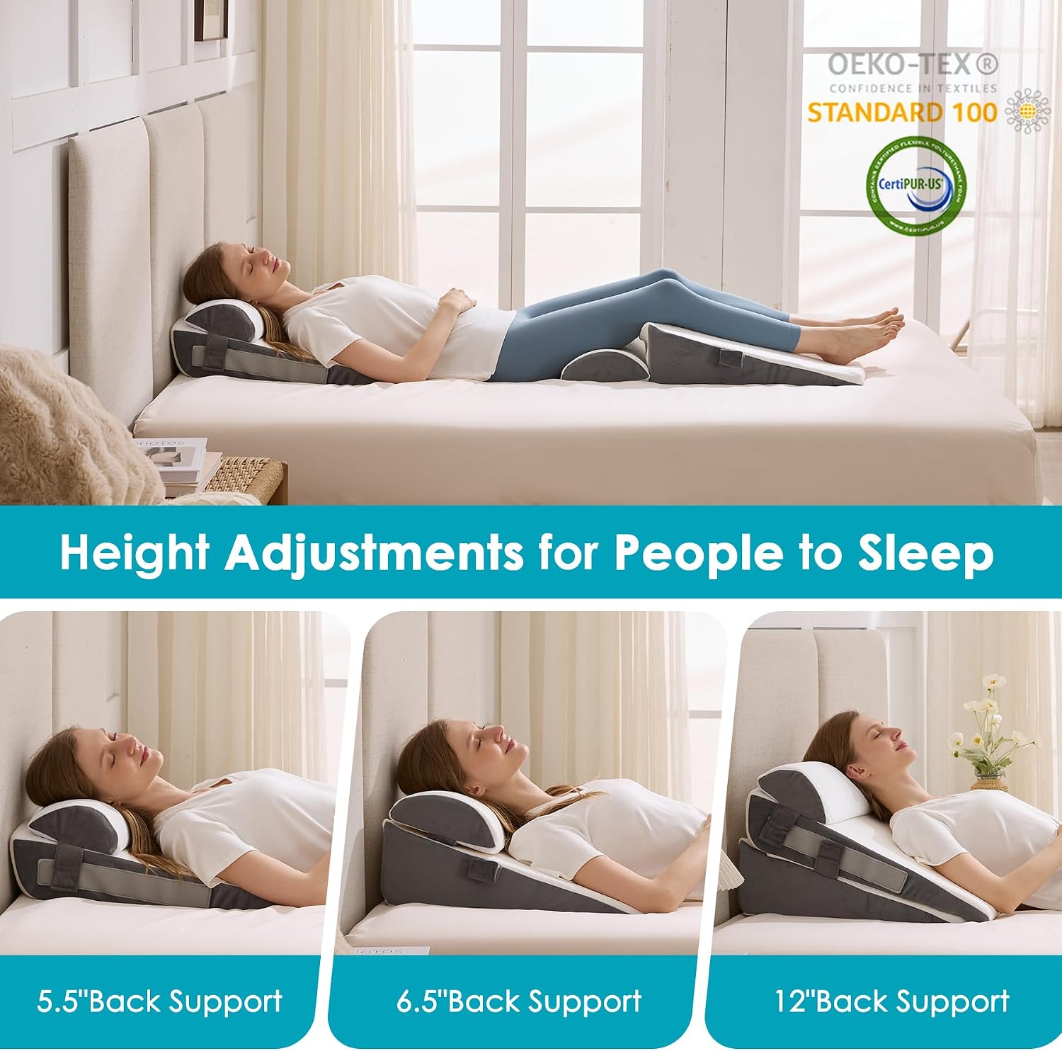 Detalle de WGAKCED WA2212-KQC-BS Adjustable Wedge Pillow Set, 3-Piece Memory Foam