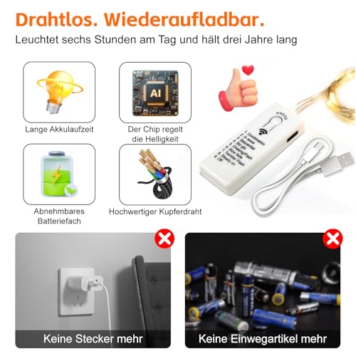 Detalle de SINAMER 6 Stück Micro LED Lichterkette mit aufladbarer Batterie, 2 m, 20 LEDs