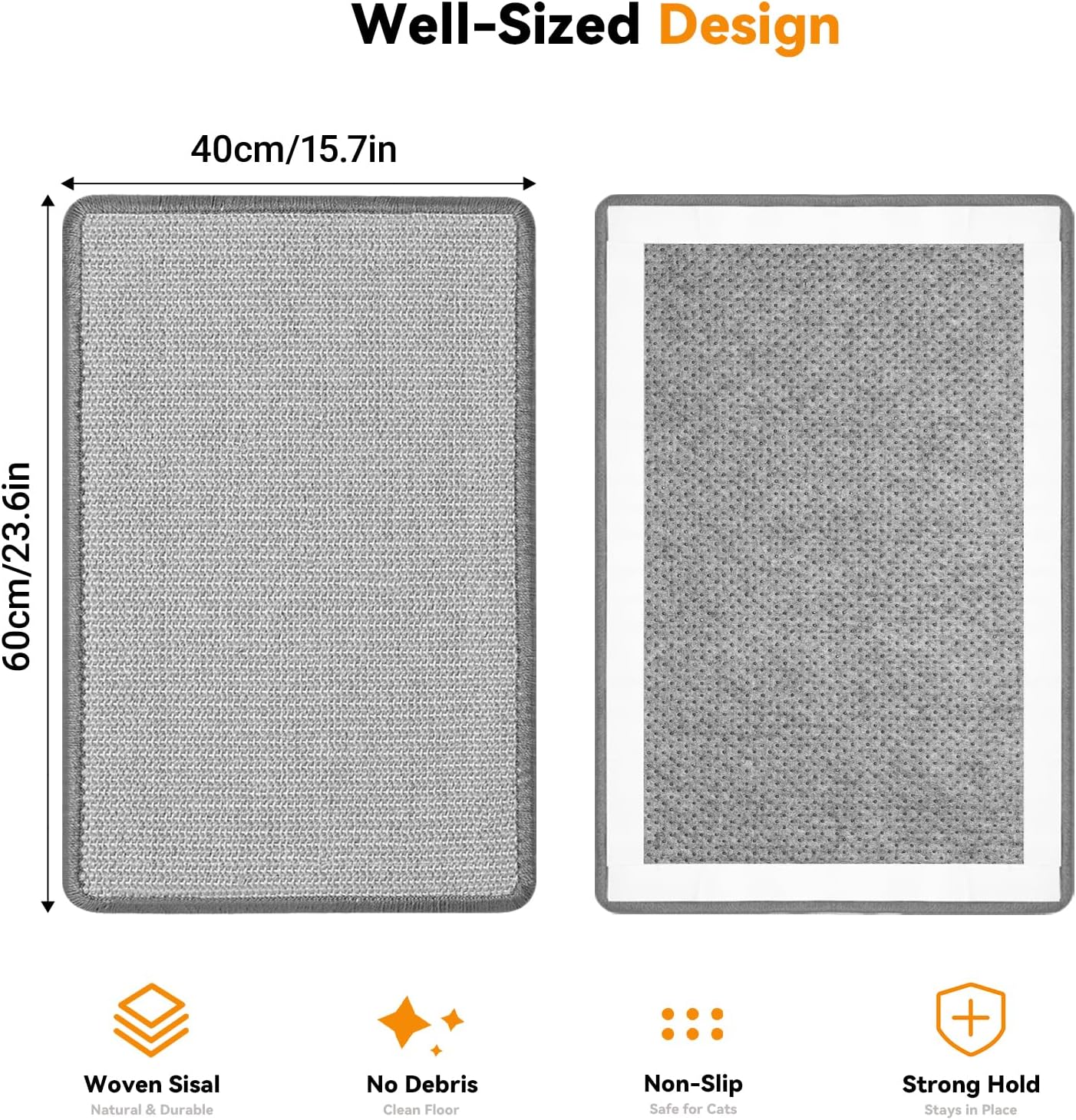 Detalle de Gimars 60 x 40 cm Cat Scratching Mat: Natural Sisal, Non-Slip Wall & Couch Protector (Grey)