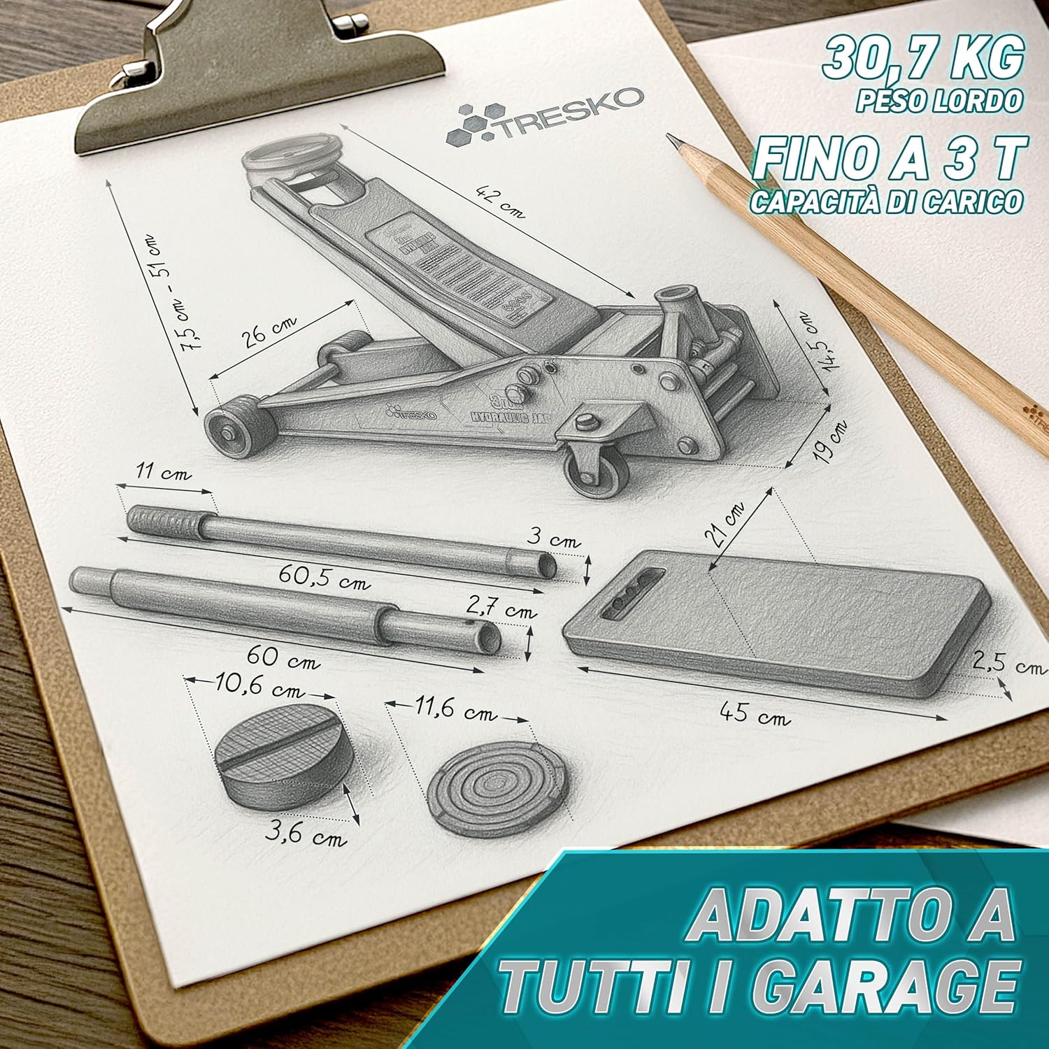 Thumbnail 1 de TRESKO Cric idraulico 3T con doppio pistone, sollevamento 75–510 mm e ruote a 360°