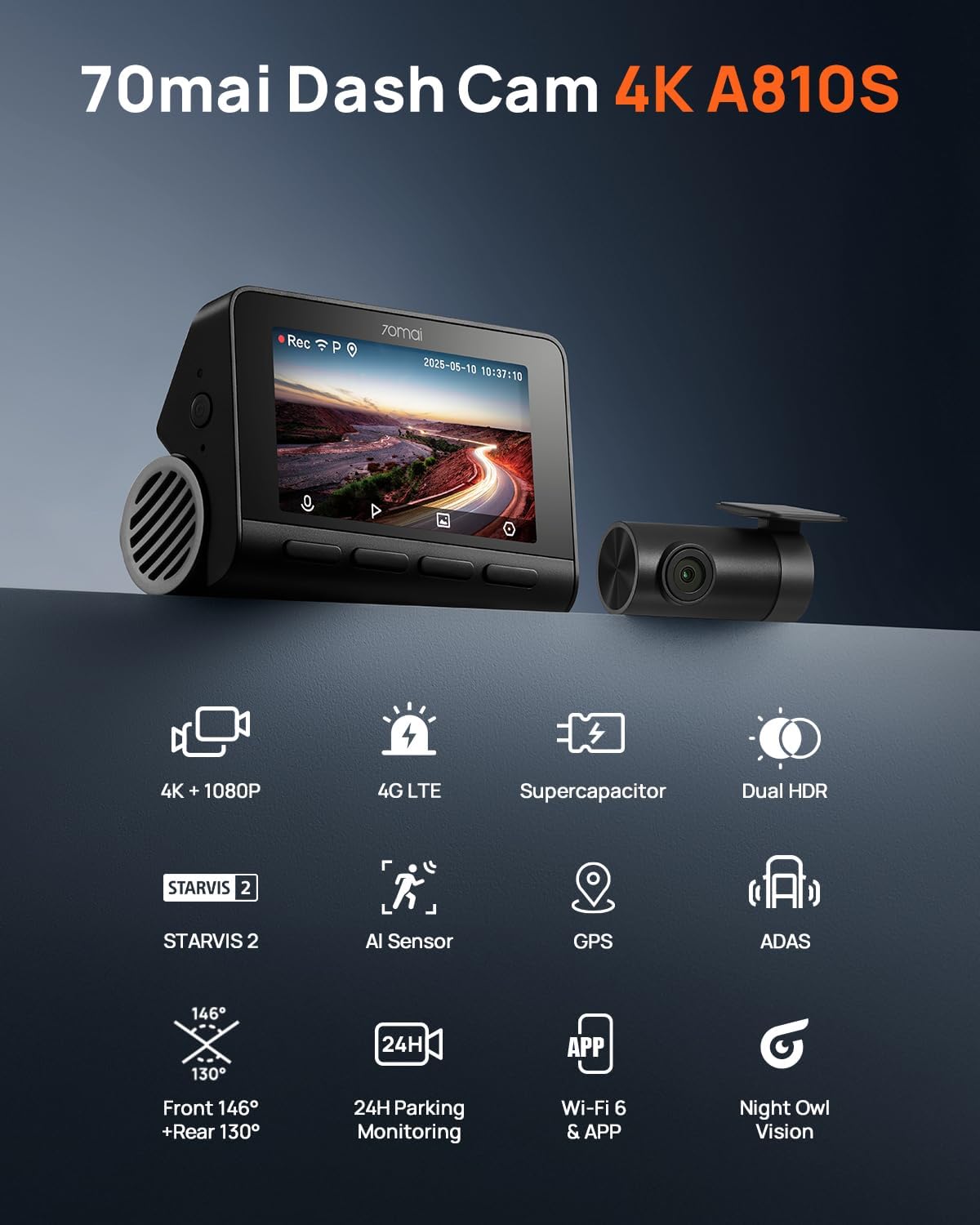 Thumbnail 1 de 70mai 4K Dash Cam Front and Rear A810S (4K+1080P) with STARVIS 2, HDR, WiFi App Control, ADAS & Parking Mode