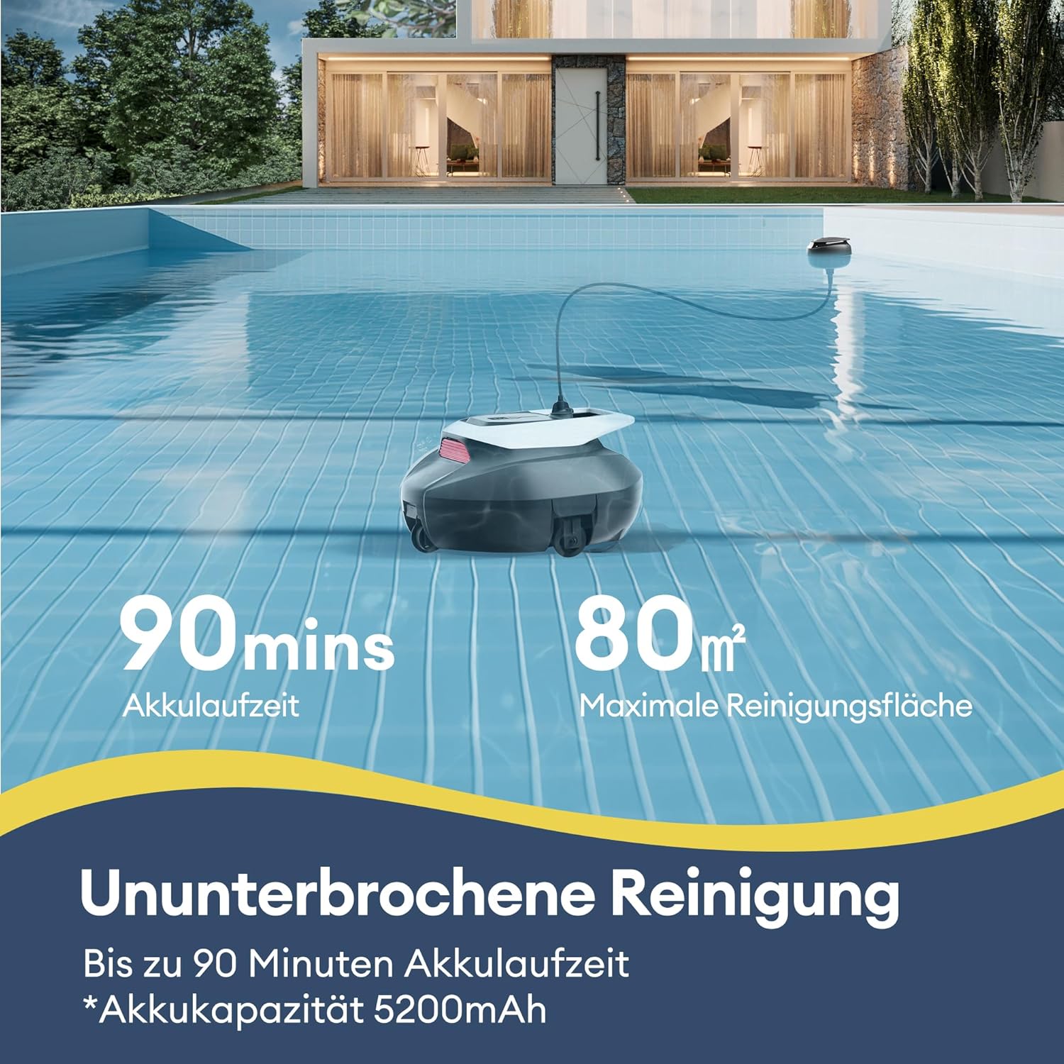 Detalle de Ultenic Pooleco 10 Poolroboter – kabelloser Poolreiniger mit Dualmotor, 90-Minuten Laufzeit, 80 m² Reinigungsfläche
