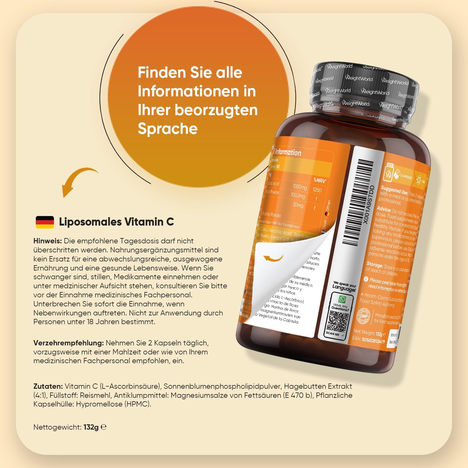 Thumbnail 3 de WeightWorld Liposomales Vitamin C 1000 mg (180 vegane Kapseln) mit Sonnenblumenphospholipiden & Hagebutte