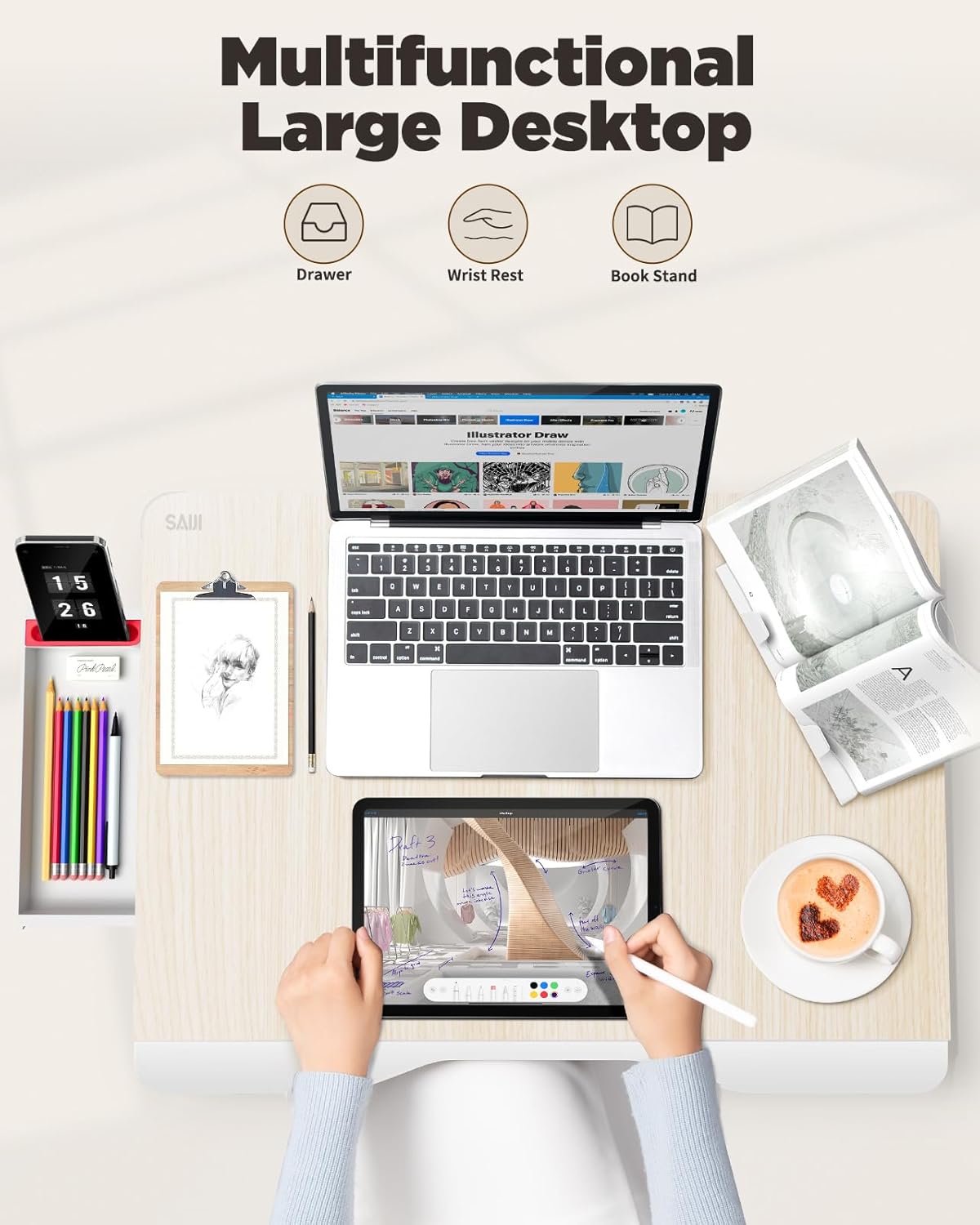 Thumbnail 1 de SAIJI XX-Large Foldable Bed Tray Table (Teak) – Multi‑Use Laptop Desk with Storage Drawer