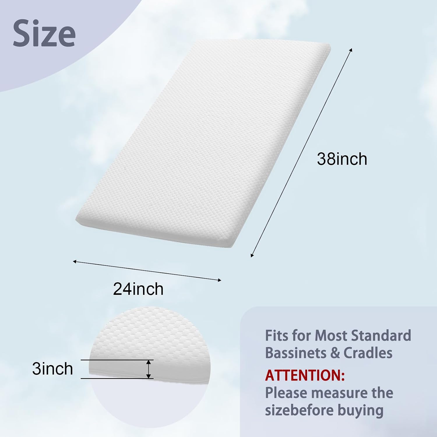 Detalle 2 de Lisara BS-01 Baby Bassinet Mattress, 38 x 24 x 3-Inch Gel Memory Foam