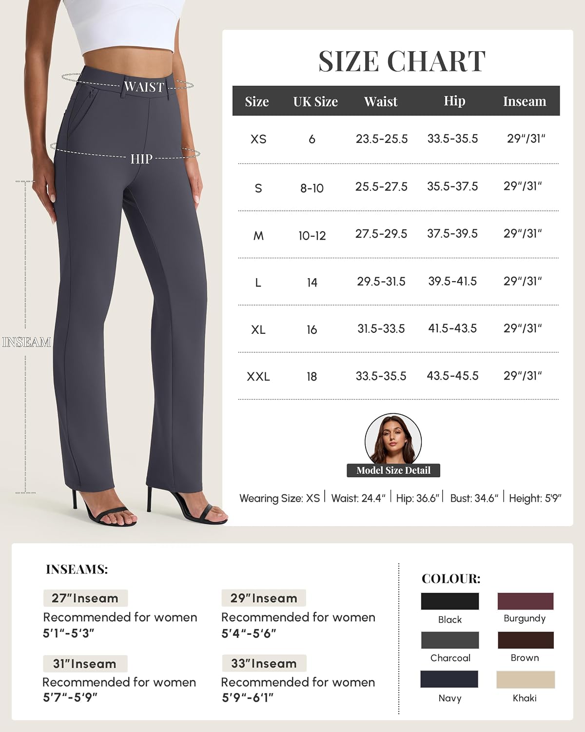 Detalle 2 de AFITNE Women’s Straight Leg Trousers with Pockets (UK 29''/31''/33'' lengths) – Pull-on stretch office & casual pants