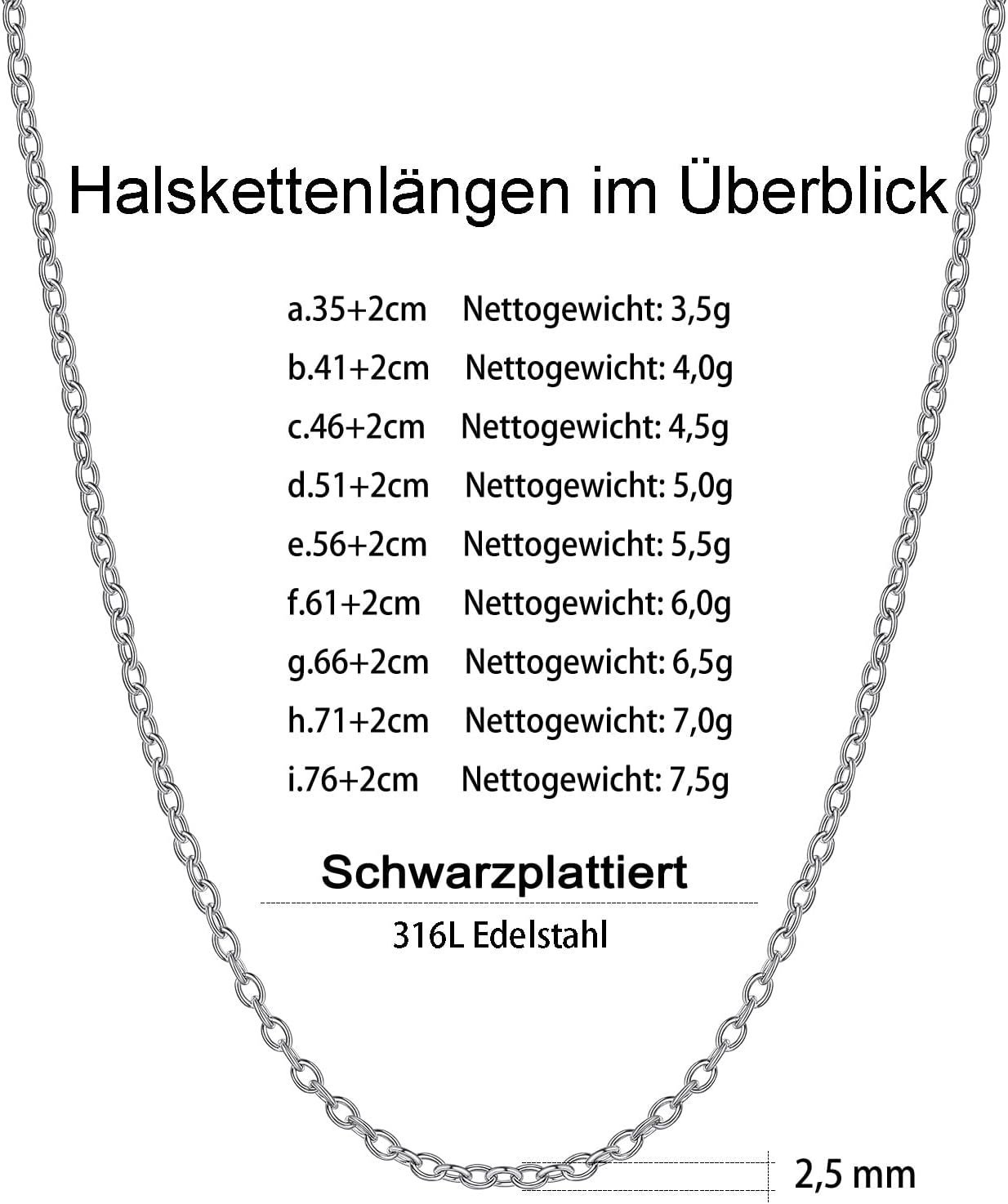 Detalle 2 de Suplight Gliederkette Damen ohne Anhänger aus Edelstahl – Charm Choker Kette, 1,4/2,5 mm, Länge 35–76 cm + 2 cm