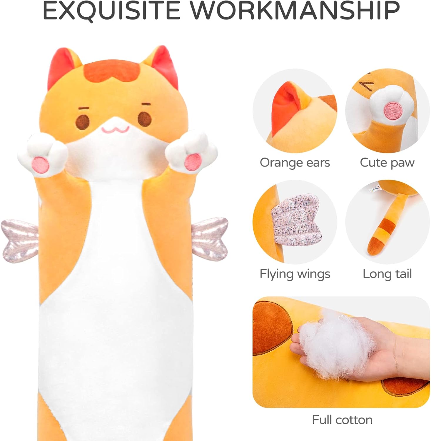 Detalle 2 de Mewaii Langes Katzen-Plüschkissen – 50 cm, weiches oranges Katzenkissen, Kuscheltier und Schlafkissen