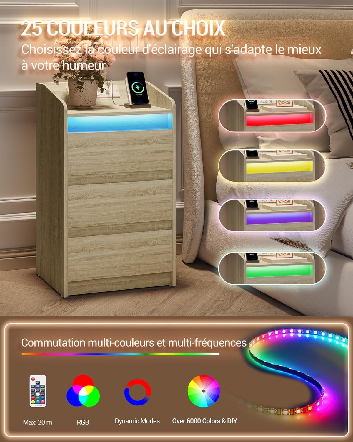 Thumbnail 4 de Hzuaneri NS40016X table de chevet avec 3 tiroirs, station de charge et LED