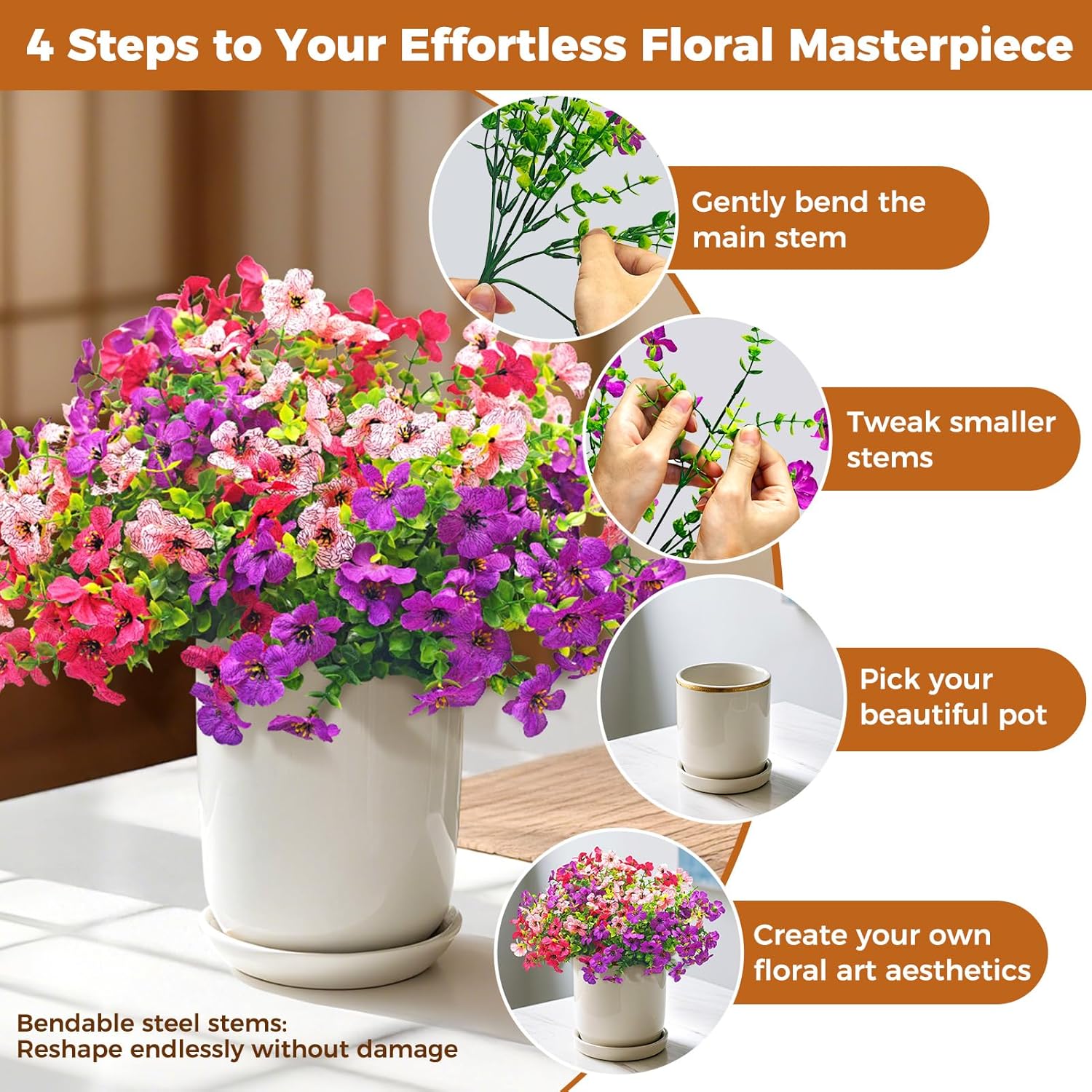 Thumbnail 4 de OZMI Artificial Flowers Outdoor 189 Fake Flowers (9 Bundles) UV Resistant Faux Silk Bouquet