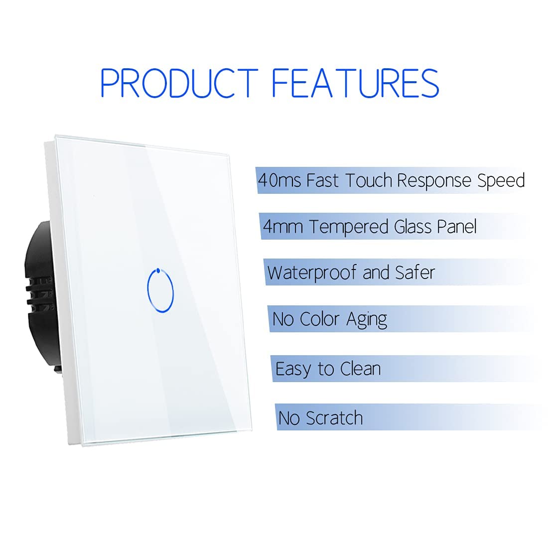 Detalle de CNBINGO Touch Light Switch, White Single Light Switch with Tempered Glass Panel and LED Backlight