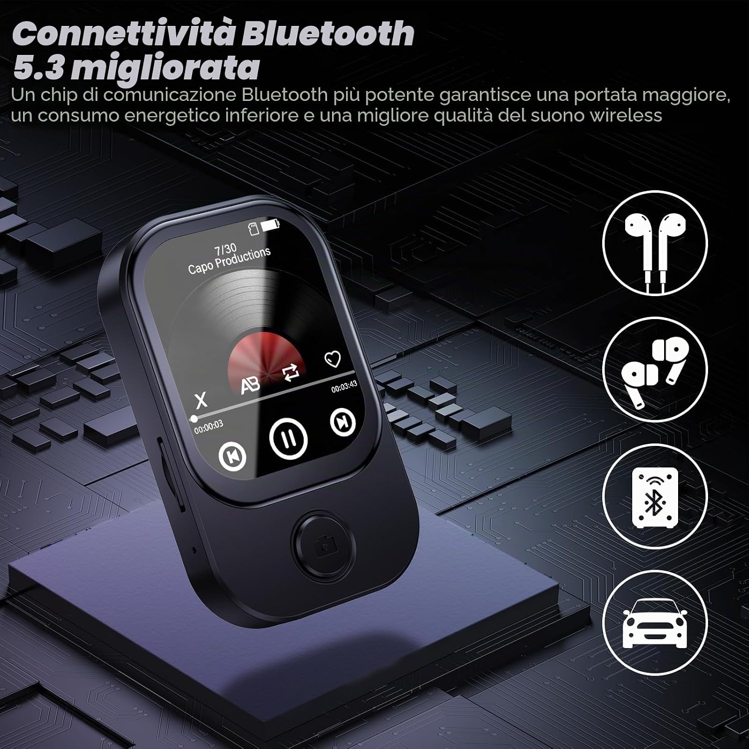 Detalle de 64GB Lettore MP3 Bluetooth 5.4 con fotocamera apribile a 180° — HD, FM e pedometro