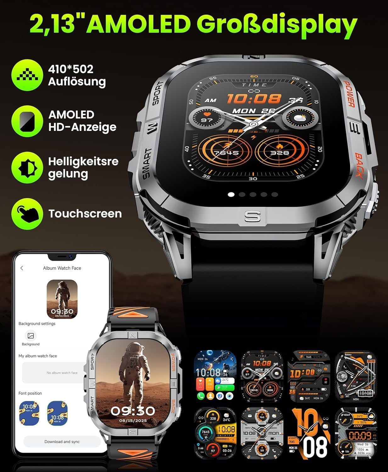 Detalle de Joautrial GPS Montre Connectée Homme – 2,13" AMOLED, boussole, torche LED et 100+ modes sportifs