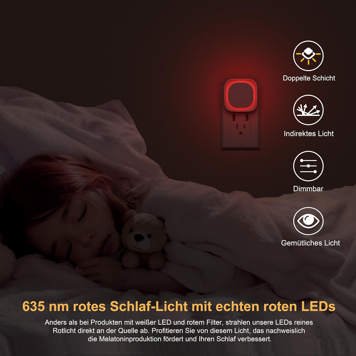 Thumbnail 2 de YUNLEX 2er-Set Steckdosen-Nachtlicht mit Dämmerungssensor und Dimmfunktion (rundes Rot-Licht für Kinderzimmer)