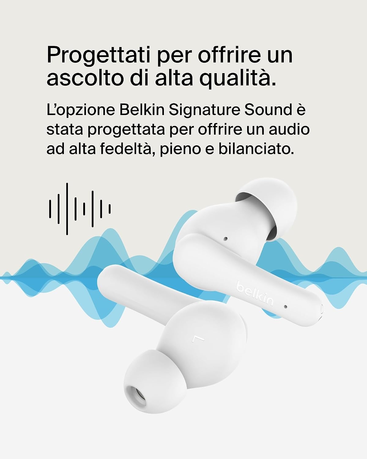 Detalle de Belkin SoundForm Rhythm true wireless con microfono, ricarica USB‑C rapida e batteria fino a 28 ore (bianco)